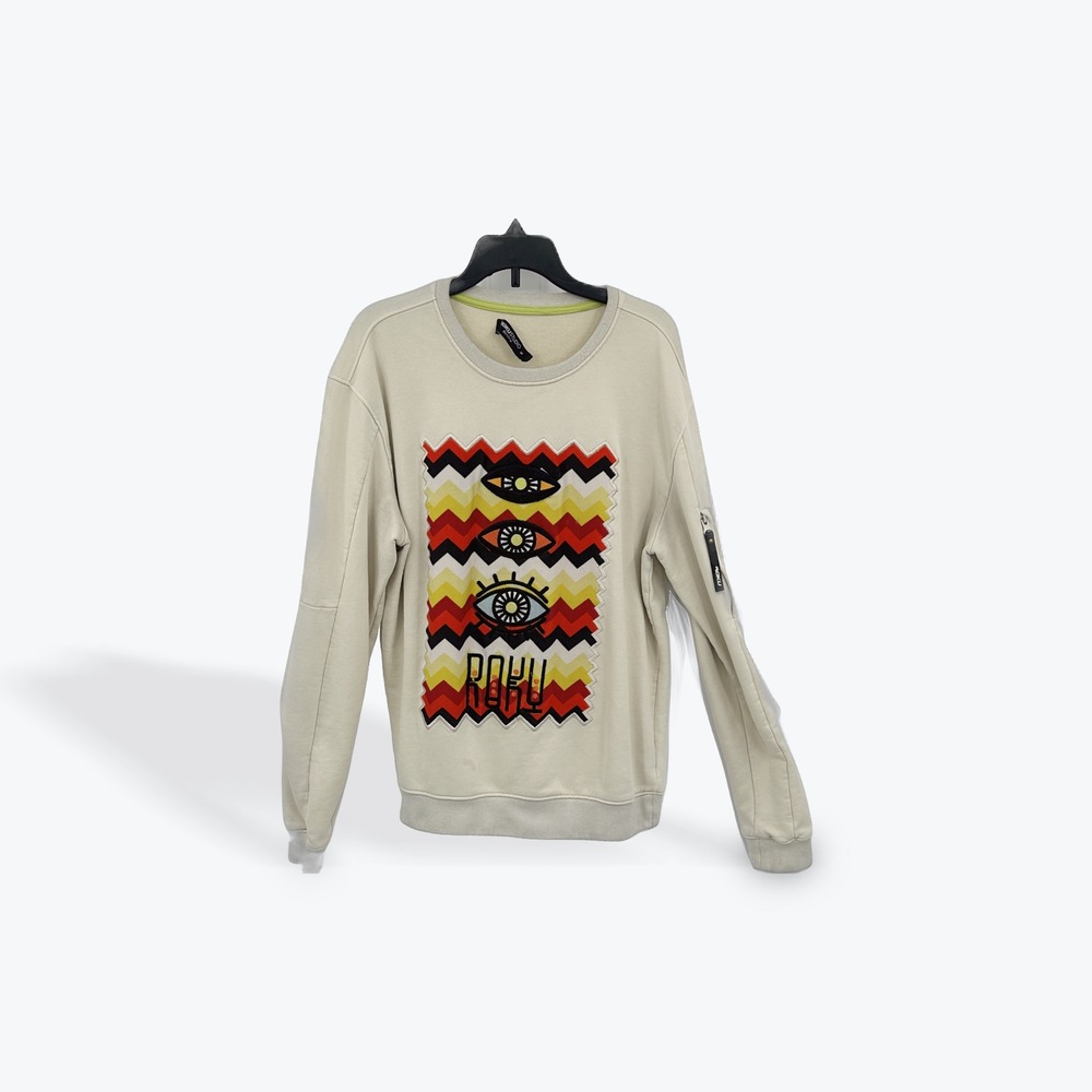 ROKU STUDIO Graphic Print Sweatshirt Beige‎ Eye Design Mens Medium Casual